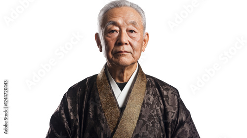 Portrait of senior japanese priest wearing traditional clothing on transparent background