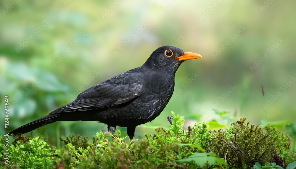 Obraz premium Striking Portrait of a Common Blackbird Turdus merula Amidst Lush European Green Vegetation at Dusk Capturing the Wildlifes Enchanting Vitality