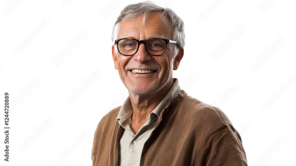 Smiling senior man with glasses on transparent background Smiling senior man with glasses on transparent background