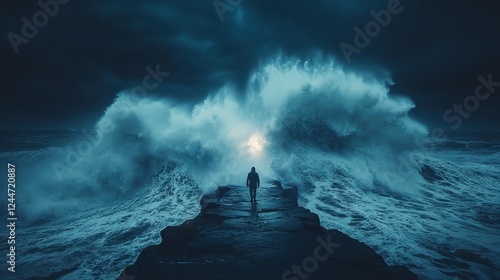 Lone figure facing stormy ocean waves at night; dramatic landscape