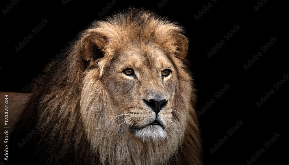 Obraz premium Majestic BlackManed Lion Gaze Under the Moonlight, Showcasing Striking Textures and Intricate Patterns in a Dark African Savannah Night.