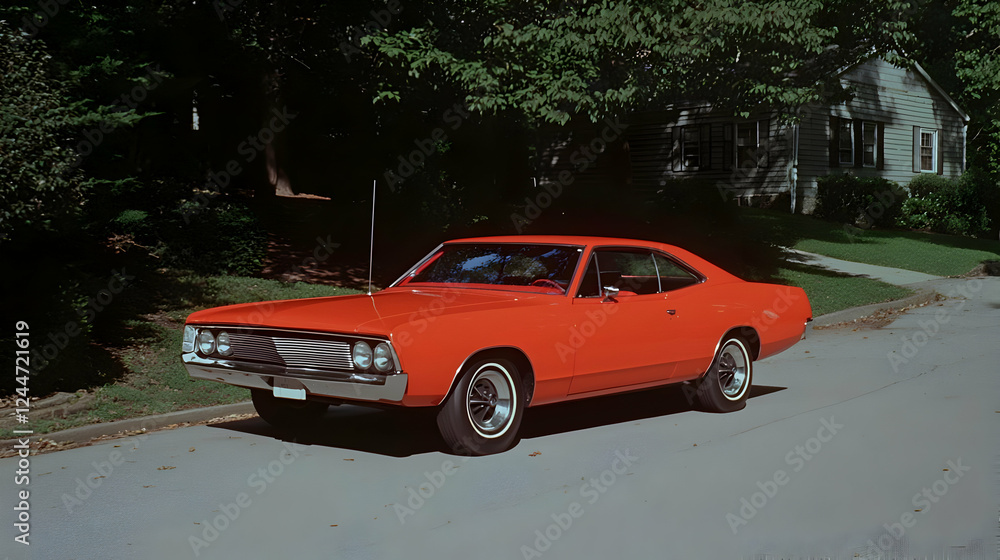 Classic orange car parked suburban street Classic orange car parked suburban street