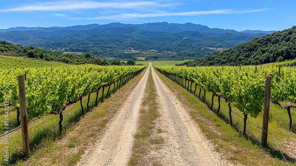 Fototapeta premium Picturesque Vineyard Landscape With Dirt Road Leading To Mountains