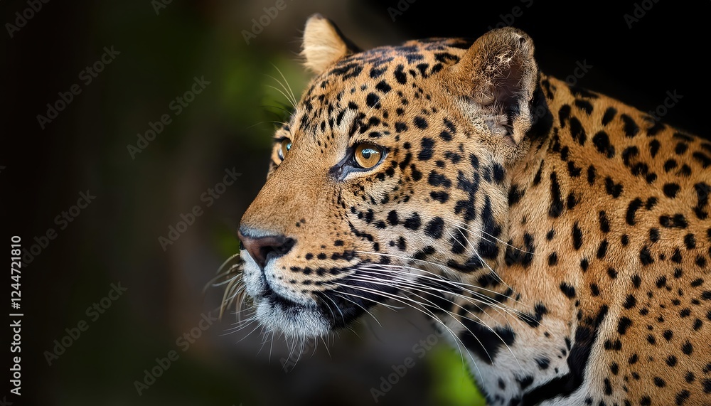 Striking Portrait of a Majestic Ceylon Leopard amidst the Wilderness, showcasing a Vibrant Orange Fur and Intense Eyes under the Warm Light of a Sri Lankan Sunrise. Striking Portrait of a Majestic Ceylon Leopard amidst the Wilderness, showcasing a Vibrant Orange Fur and Intense Eyes under the Warm Light of a Sri Lankan Sunrise.