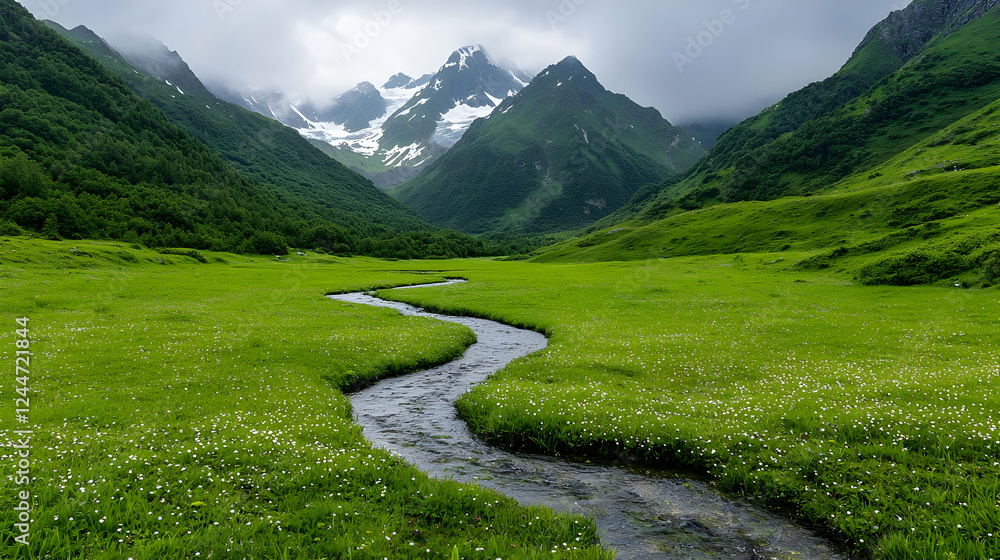 Mountain valley stream, green meadow, cloudy sky, nature scene, travel poster Mountain valley stream, green meadow, cloudy sky, nature scene, travel poster