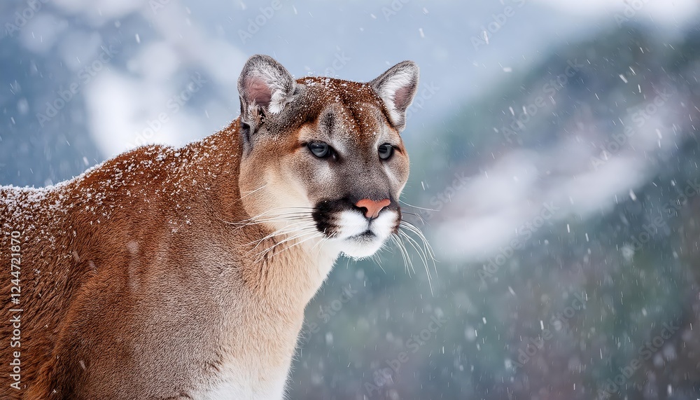 Naklejka premium Majestic Cougar Basking in Winter Wonderland Amidst SnowCapped Mountains at Twilight