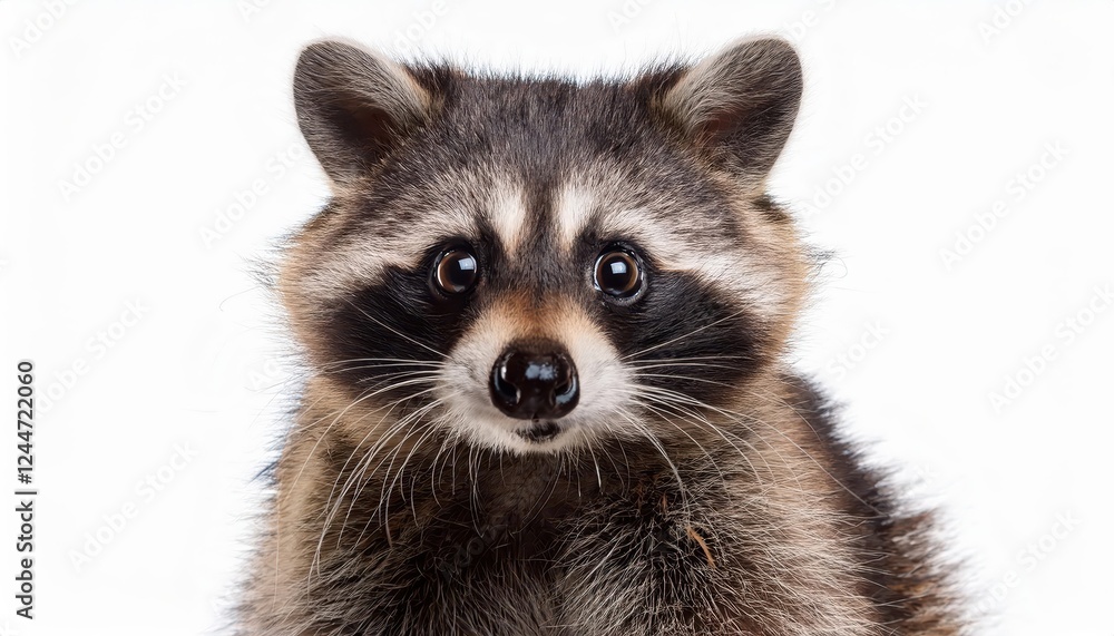 Charming and Humorous Closeup Portrait of a Playful Raccoon Against an Immaculate White Background, Capturing the Unique Personality of This Masked Bandit in Vivid Detail. Charming and Humorous Closeup Portrait of a Playful Raccoon Against an Immaculate White Background, Capturing the Unique Personality of This Masked Bandit in Vivid Detail.