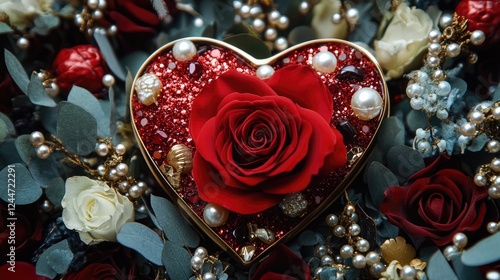A gorgeous Valentine's Day arrangement, with a heart-shaped chocolate box, a red rose, and delicate pearl accents, exuding luxury and timeless romance