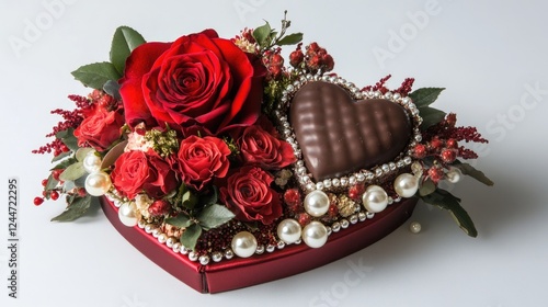 A gorgeous Valentine's Day arrangement, with a heart-shaped chocolate box, a red rose, and delicate pearl accents, exuding luxury and timeless romance