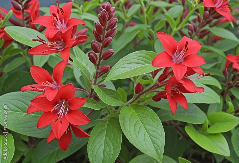 Vibrant Scarlet Sage in Bloom: A Closeup of Salvia splendens Vista Red in a Lush Garden Vibrant Scarlet Sage in Bloom: A Closeup of Salvia splendens Vista Red in a Lush Garden