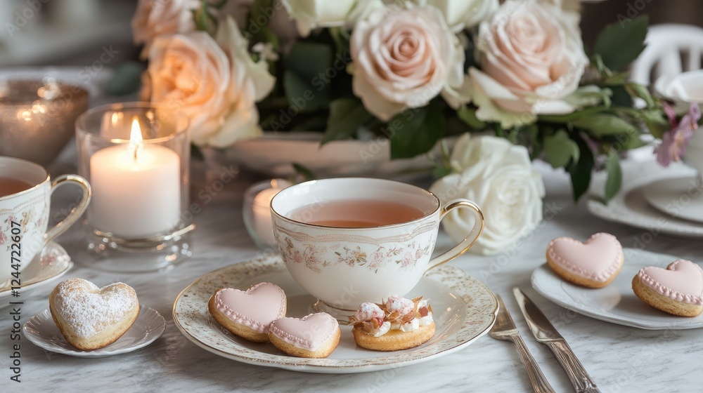 A heartfelt Valentine's tea setting, featuring fine china teacups with gold detailing, heart-shaped pastries, flickering candles, and soft pink roses arranged elegantly A heartfelt Valentine's tea setting, featuring fine china teacups with gold detailing, heart-shaped pastries, flickering candles, and soft pink roses arranged elegantly