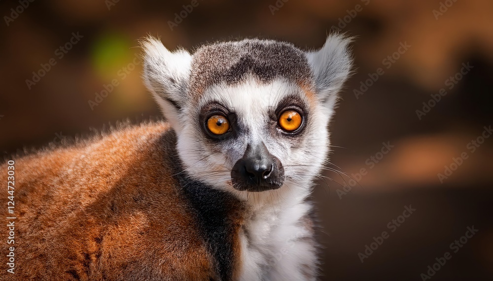 Fototapeta premium Striking Portrait of a Lemur Catta in a Lush, Jungle Environment, Showcasing the Playful Expression and Captivating Amber Eyes of this Endearing Primates.
