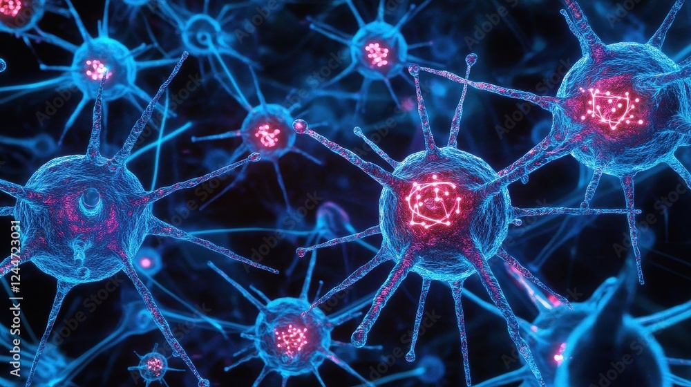 Pathogen network interconnected with neon bio-hacking symbols, pathogens, futuristic biosecurity . Pathogen network interconnected with neon bio-hacking symbols, pathogens, futuristic biosecurity .