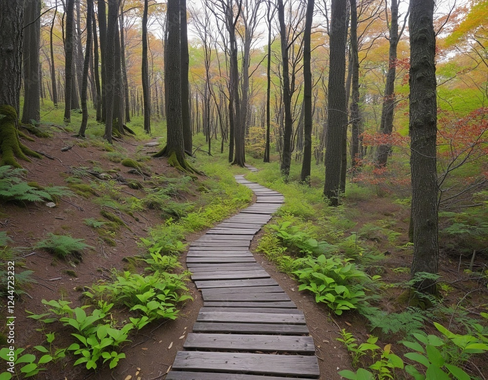 Obraz premium Autumn Serenity: Rustic Trail Signs in a Vibrant Forest Paradise