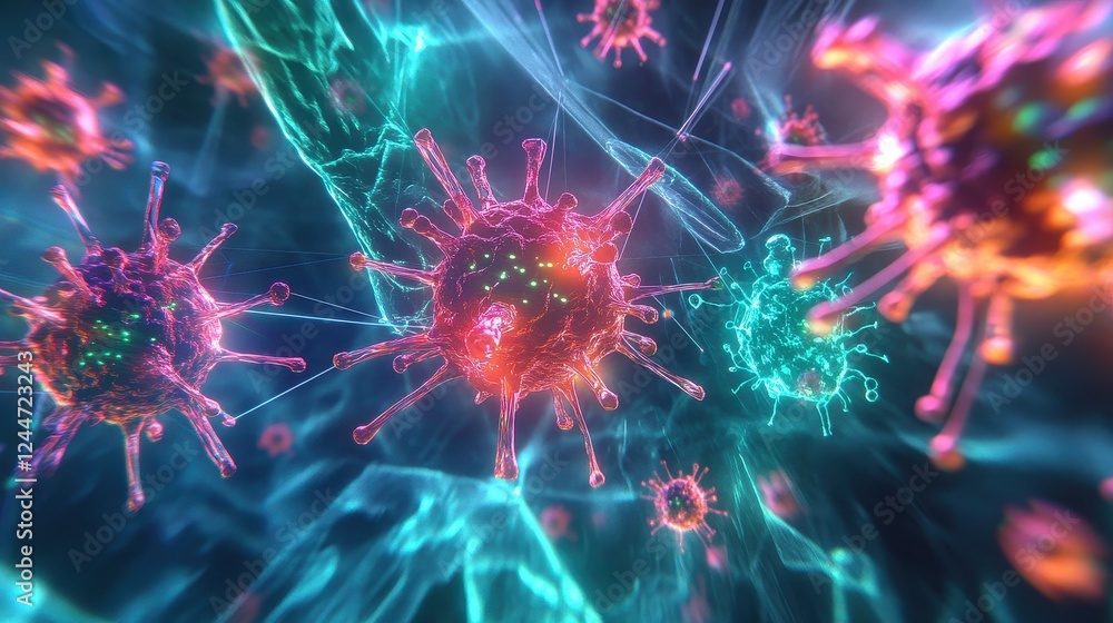 Fototapeta premium Pathogen network interconnected with neon bio-hacking symbols, pathogens, futuristic biosecurity . 