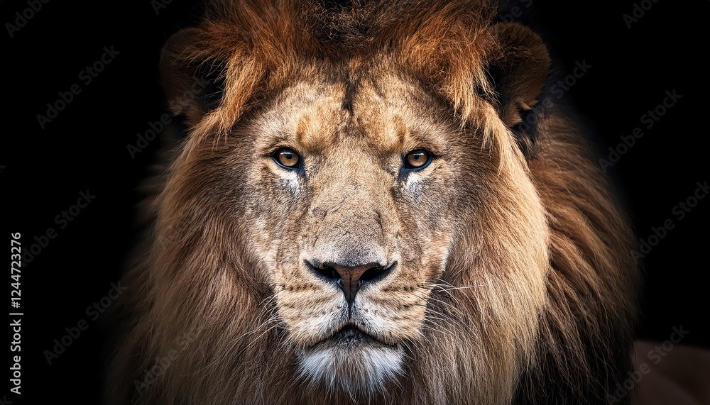 Obraz premium Powerful Nocturnal Majesty A Closeup Portrait of a Regally Illuminated Male Lion, Captured against the Velvety Blackness of an African Savannah Night.