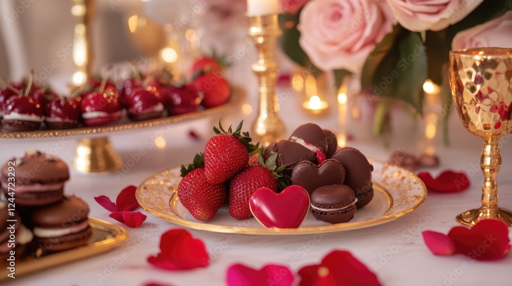 A luxurious Valentine's Day dessert table, featuring chocolate-dipped strawberries, heart-shaped macarons, golden candle holders, and scattered rose petals, creating a rich and indulgent scene A luxurious Valentine's Day dessert table, featuring chocolate-dipped strawberries, heart-shaped macarons, golden candle holders, and scattered rose petals, creating a rich and indulgent scene