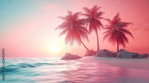 Pink sunset, palm trees, ocean beach, paradise