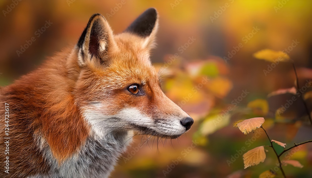 Fototapeta premium Vivid Autumnal Portrait of a Red Fox amidst Forest Foliage, Capturing the Enchanting Hues and Textures of Nature in Transition