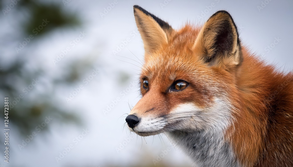 Vibrant Portrait of a Red Fox, Set Against a Winter Wonderland Backdrop at Sunrise, Showcasing the Foxs Intense Eyes and Furry Texture in High Contrast with Snowy Landscape. Vibrant Portrait of a Red Fox, Set Against a Winter Wonderland Backdrop at Sunrise, Showcasing the Foxs Intense Eyes and Furry Texture in High Contrast with Snowy Landscape.