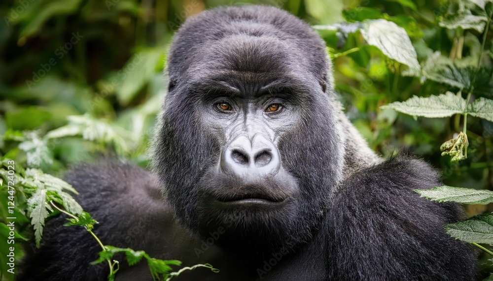 Majestic Silverback Gorilla Gaze from Bwindi Impenetrable Forest, Showcasing the Power and Wisdom of These Enigmatic Creatures Amidst the Lush Greenery and Dense Vegetation of Their African Majestic Silverback Gorilla Gaze from Bwindi Impenetrable Forest, Showcasing the Power and Wisdom of These Enigmatic Creatures Amidst the Lush Greenery and Dense Vegetation of Their African