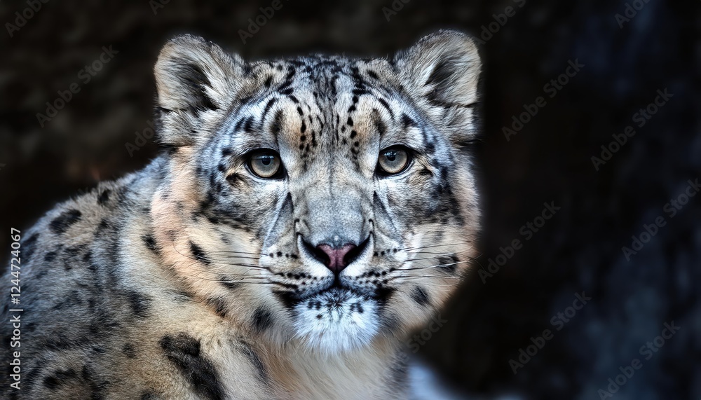 Striking Portrait of a Snow Leopard Panthera uncia in Winters Purest White, Set Against a Backdrop of Majestic Himalayan Peaks at Twilight Striking Portrait of a Snow Leopard Panthera uncia in Winters Purest White, Set Against a Backdrop of Majestic Himalayan Peaks at Twilight