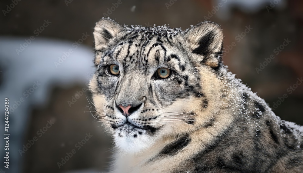 Majestic Snow Leopard in Wintery Himalayan Landscape, Striking Pose with White Fur Glowing Against IceCapped Mountains Backdrop. Majestic Snow Leopard in Wintery Himalayan Landscape, Striking Pose with White Fur Glowing Against IceCapped Mountains Backdrop.