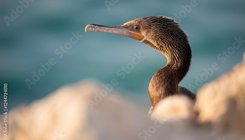 Striking Portrait of Socotra Cormorants Perched at the Limestone Cliffs of Busaiteen Coast, Bahrain, Captured in a Blurred Foreground against the Dramatic Blue Sea and Sky. photo