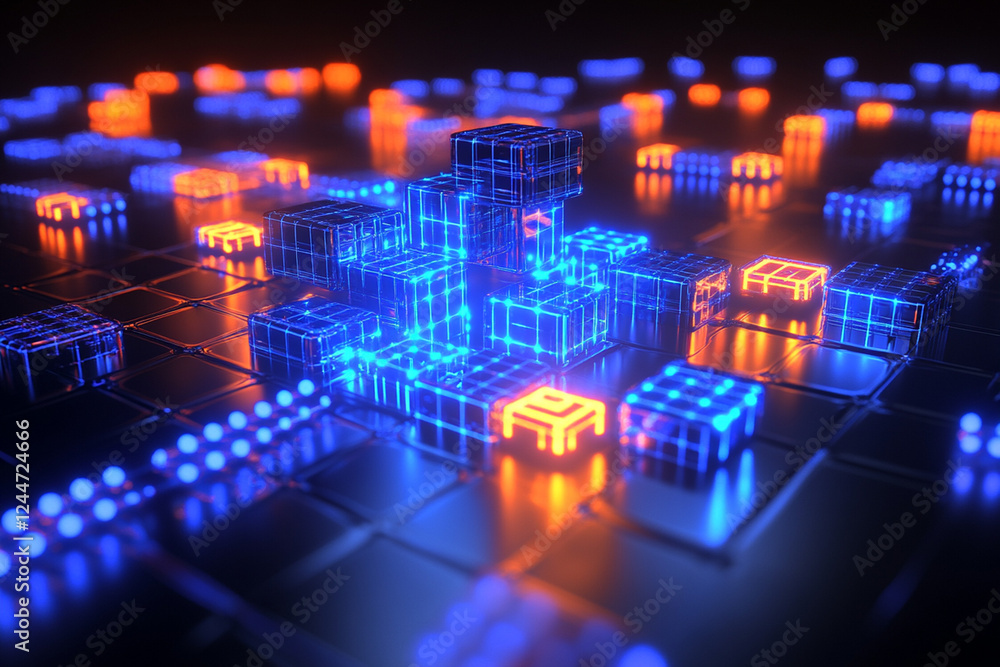 Colorful illuminated blocks create a vibrant digital landscape at night Colorful illuminated blocks create a vibrant digital landscape at night