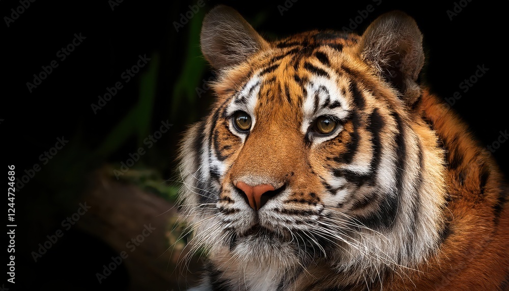 Striking Portrait of a Tiger in the Wild, Captured at Dawn with Lush Greenery and Vibrant Mood, Showcasing the Majesty of Natures Apex Predator. Striking Portrait of a Tiger in the Wild, Captured at Dawn with Lush Greenery and Vibrant Mood, Showcasing the Majesty of Natures Apex Predator.