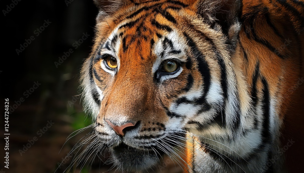 Naklejka premium Majestic Bengal Tiger in Full Glory, With Striking Stripes and Amber Eyes, Set Against the Backdrop of a Lush, Verdant Jungle at Dawn.