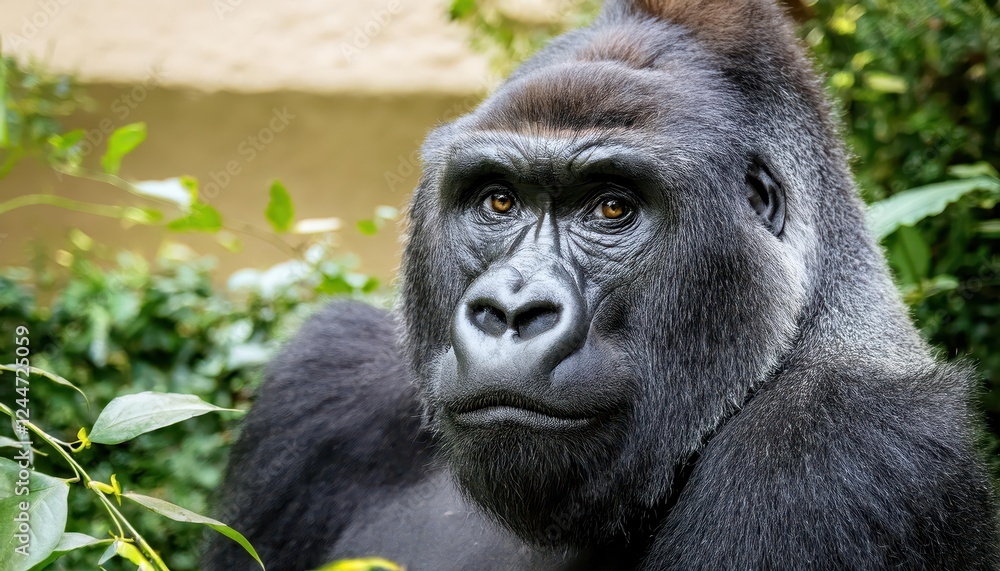 Striking Closeup of Western Lowland Gorilla GGG in Intense Gaze, Depicting Intricate Fur Textures and Vivid Eyes, Captured Momentarily on at. Striking Closeup of Western Lowland Gorilla GGG in Intense Gaze, Depicting Intricate Fur Textures and Vivid Eyes, Captured Momentarily on at.