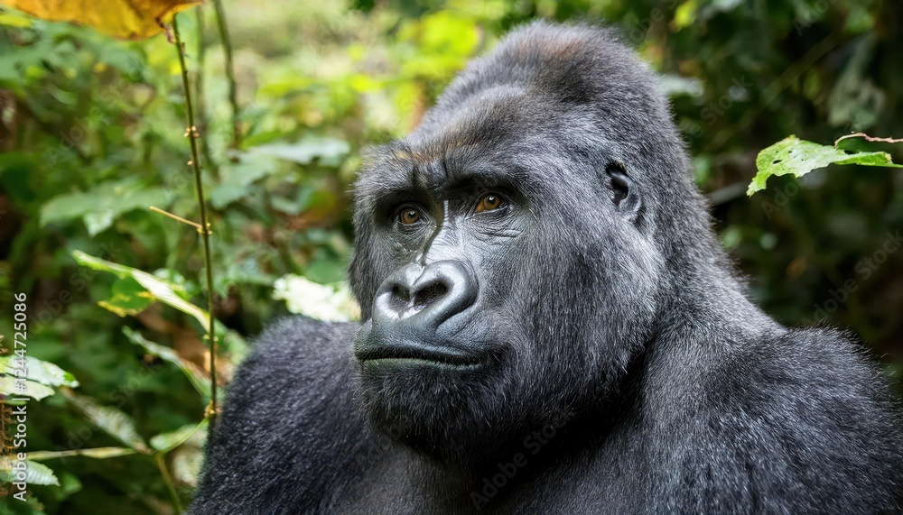 Vivid Closeup Portrait of a Western Lowland Gorilla GGG at Sunset, Exuding Intense Gaze and Emotional Depth in the African Wilderness Vivid Closeup Portrait of a Western Lowland Gorilla GGG at Sunset, Exuding Intense Gaze and Emotional Depth in the African Wilderness