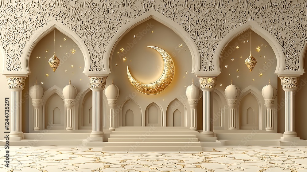 Fototapeta premium Islamic Golden Crescent Moon Arch Wallpaper Ramadan Eid