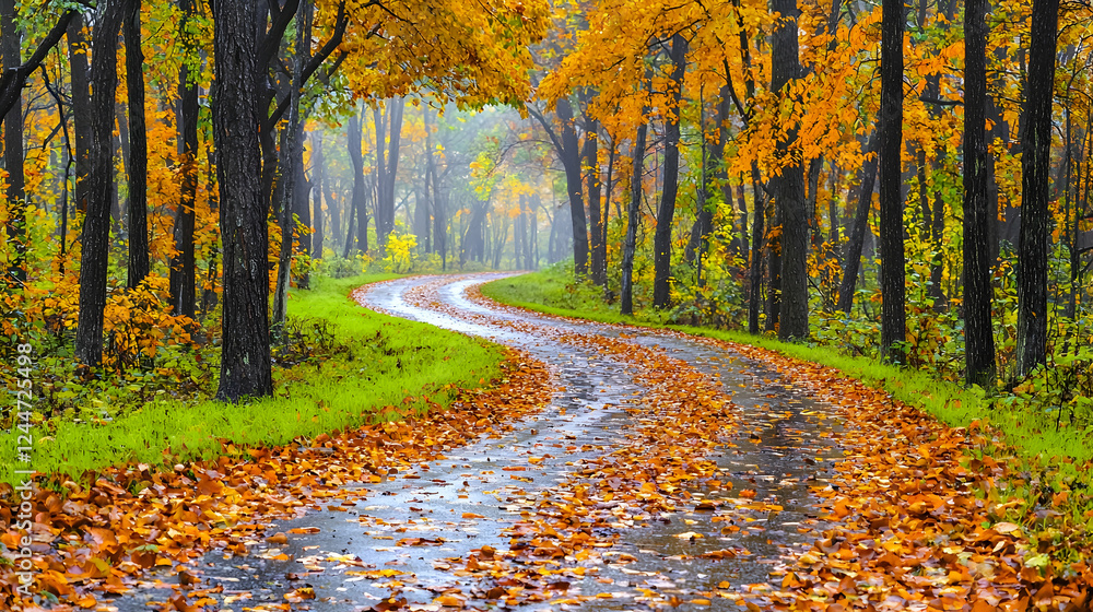 Obraz premium Rainy autumn road curving through colorful forest