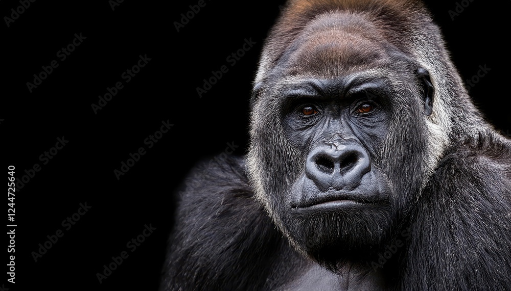 Majestic Gorilla Portrait on Black Backdrop, Showcasing Power and Grace in Stark Contrast Against the Deep, Intense Eyes Gazing Directly into the Camera. Majestic Gorilla Portrait on Black Backdrop, Showcasing Power and Grace in Stark Contrast Against the Deep, Intense Eyes Gazing Directly into the Camera.