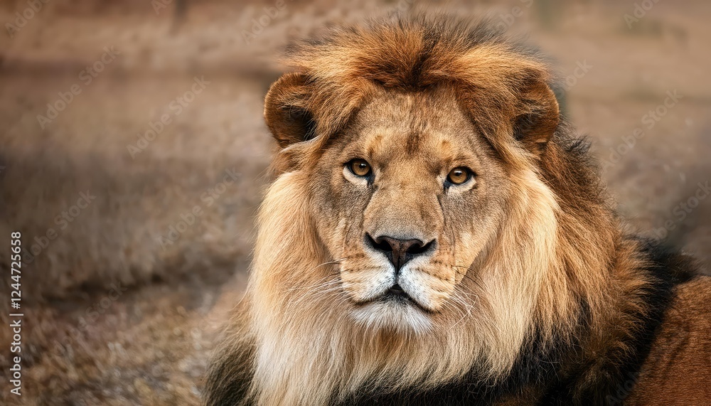 Fototapeta premium Powerful Closeup of a Stern Adult Lion, Evoking Regal Majesty under the Warm Sunset Glow, in a Stark Savannah Landscape