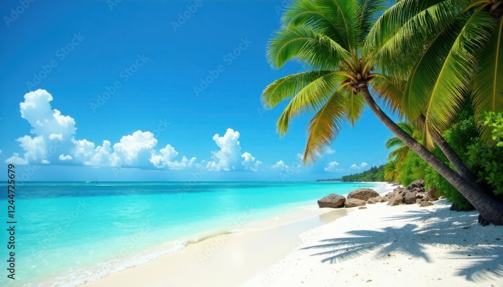 Obraz premium White sand beach, turquoise ocean, palm trees swaying gently, beautiful, serene, scenic