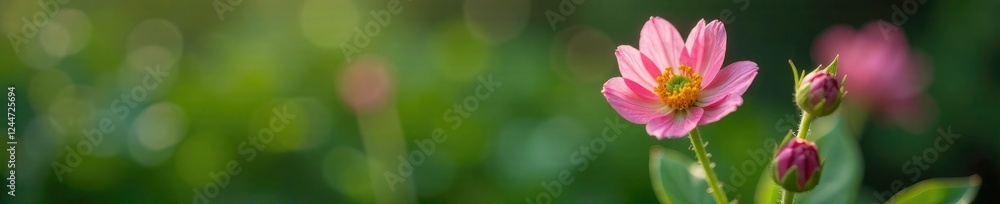 Pink flower stem with tiny buds forming in the pot, flowers, greenery, buds Pink flower stem with tiny buds forming in the pot, flowers, greenery, buds