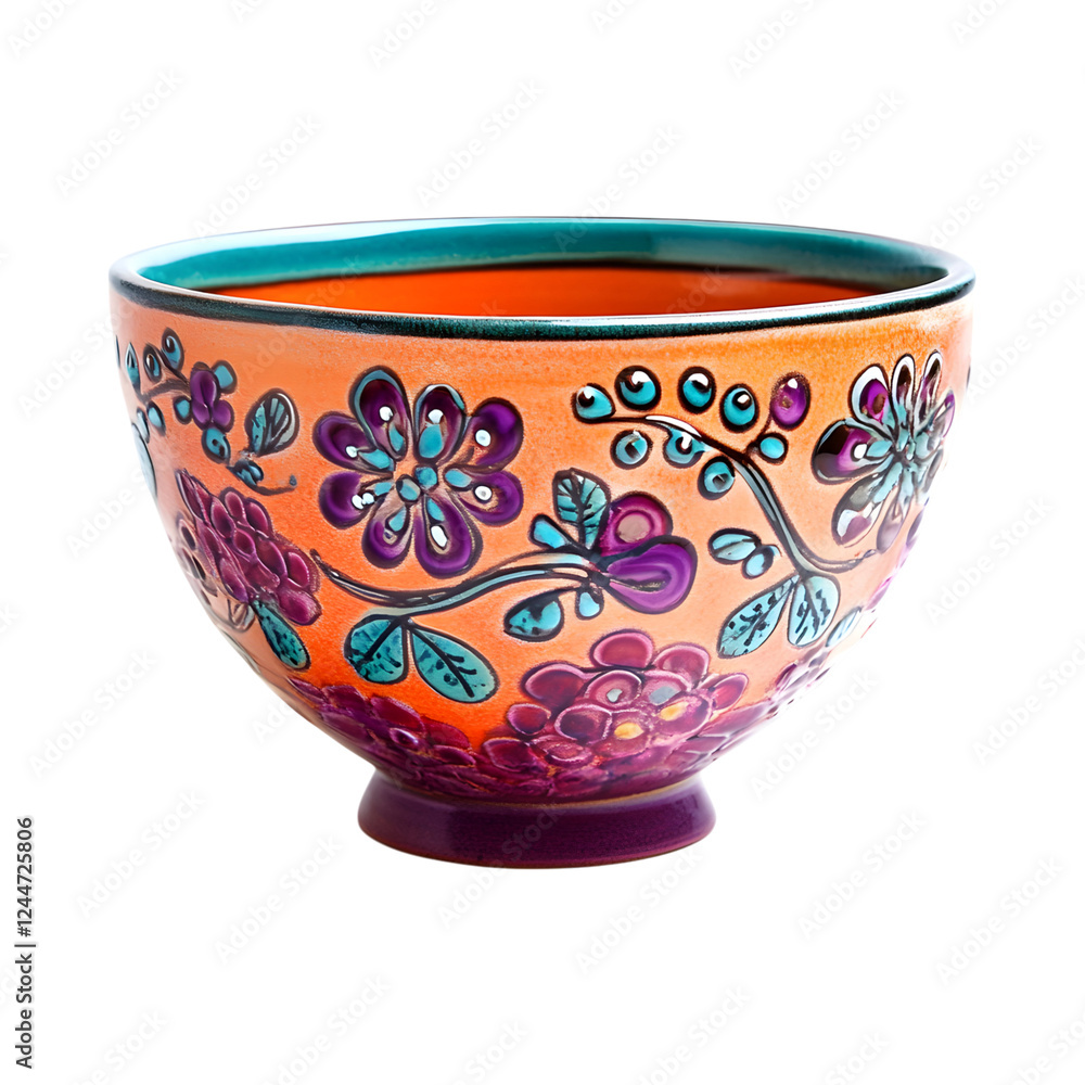 Vibrant Ceramic Batter Bowl with Intricate Floral Design Isolated on Transparent Background Vibrant Ceramic Batter Bowl with Intricate Floral Design Isolated on Transparent Background