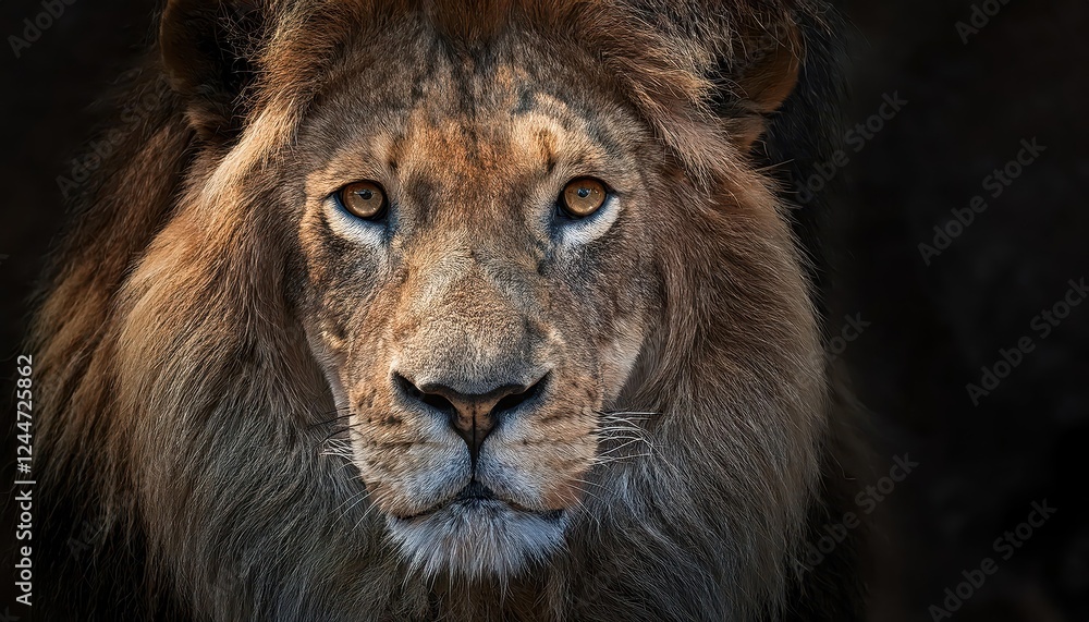 Striking Portrait of an Adult Lion with a Stern Look Majestic Closeup of the Lion King in Regal Glory, Emanating Power and Pride, Captured on January, at . Striking Portrait of an Adult Lion with a Stern Look Majestic Closeup of the Lion King in Regal Glory, Emanating Power and Pride, Captured on January, at .