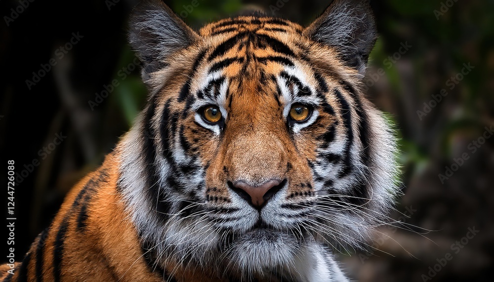 Fototapeta premium Vivid Asian Tiger Portrait Captured in the Wilderness, Majestic Feline Striking a Powerful Pose amidst Lush Greenery and Rich Autumn Colors.