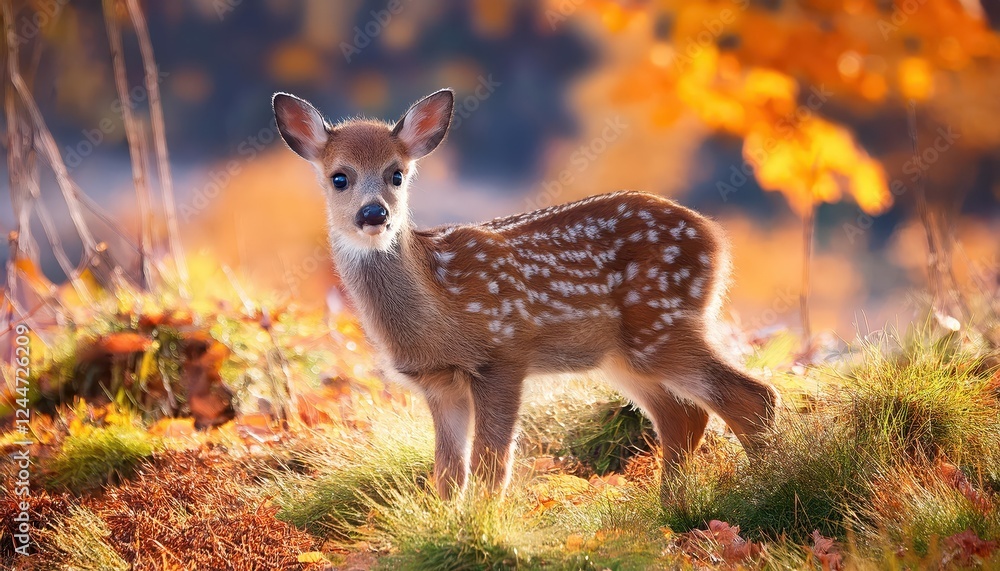 Fototapeta premium Enchanting Portrait of a Baby Deer in Autumns Glory, Amidst the Vibrant Hues and Textures of Fall, Capturing the Innocence and Serenity of Nature