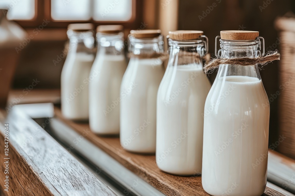 Rustic Glass Bottles of Fresh Milk on Wooden Plank in Cozy Countryside Kitchen Setting Rustic Glass Bottles of Fresh Milk on Wooden Plank in Cozy Countryside Kitchen Setting