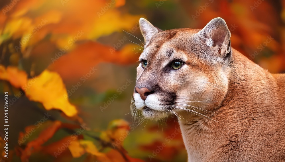 Naklejka premium Striking Portrait of a Majestic Puma Amidst Autumnal Forest Scenery, Showcasing the Rich Colors and Textures of Fall in Wilderness, Capturing the Essence of Natures Beauty.