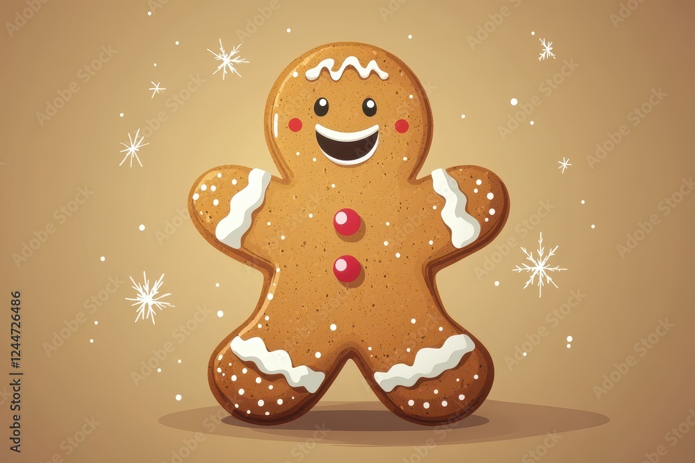Illustration of a Smiling Gingerbread Man Cookie with Frosting Details Surrounded by Snowflakes on a Brown Background with Festive Elements Illustration of a Smiling Gingerbread Man Cookie with Frosting Details Surrounded by Snowflakes on a Brown Background with Festive Elements