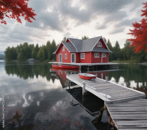 Red RIB in a grey and white boat house with a calm lake or river in the background, red, mooring, dockage