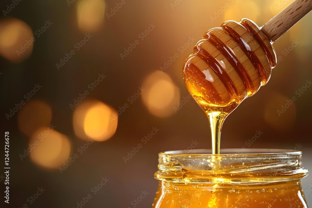 Golden Honey Dripping from Wooden Spoon into Jar—High-Resolution Studio Photography Golden Honey Dripping from Wooden Spoon into Jar—High-Resolution Studio Photography