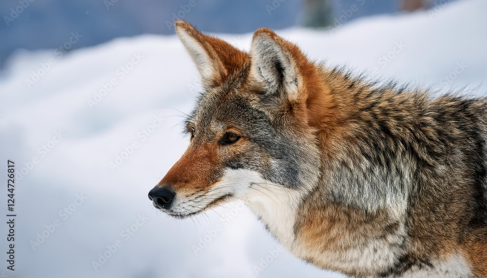 Striking Portrait of a Coyote in Snowy Wilderness, Capturing Winters Majesty in North American Highlands, Showcasing a Lone Predator Amidst Frosty Landscape. Striking Portrait of a Coyote in Snowy Wilderness, Capturing Winters Majesty in North American Highlands, Showcasing a Lone Predator Amidst Frosty Landscape.