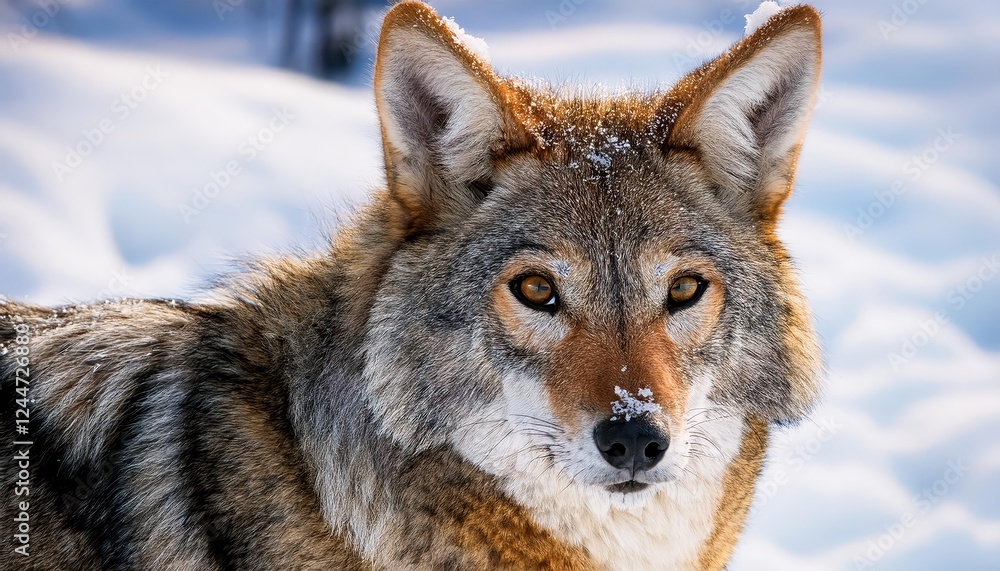Charming Winter Portrait of a Coyote Amidst Freshly Fallen Snow, Embracing the Quiet Tranquility and Pristine Beauty of a Snowy Landscape. Charming Winter Portrait of a Coyote Amidst Freshly Fallen Snow, Embracing the Quiet Tranquility and Pristine Beauty of a Snowy Landscape.